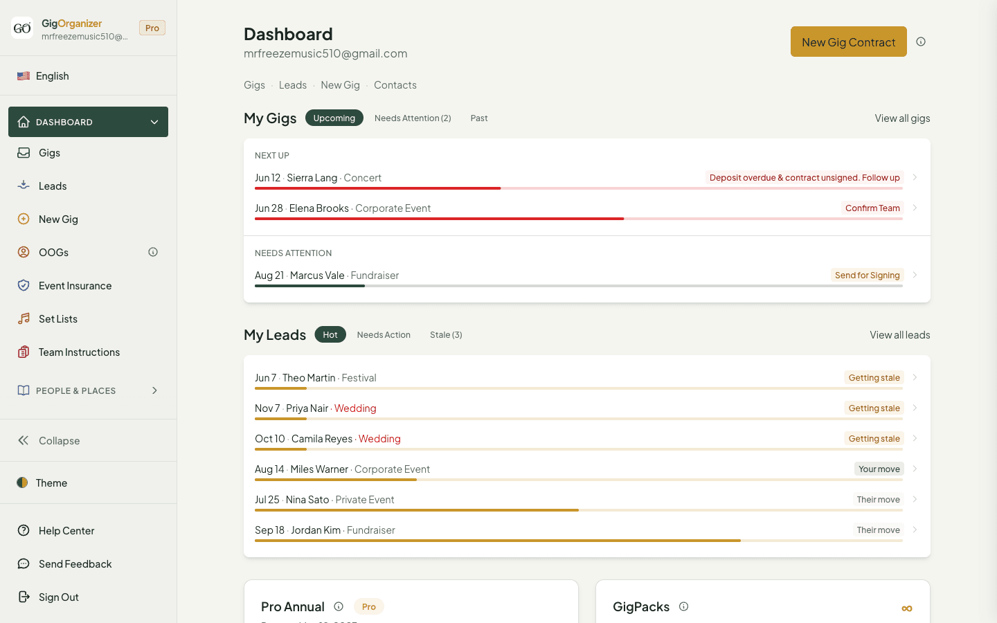 GigOrganizer dashboard showing upcoming gigs, leads that need attention, and overdue items