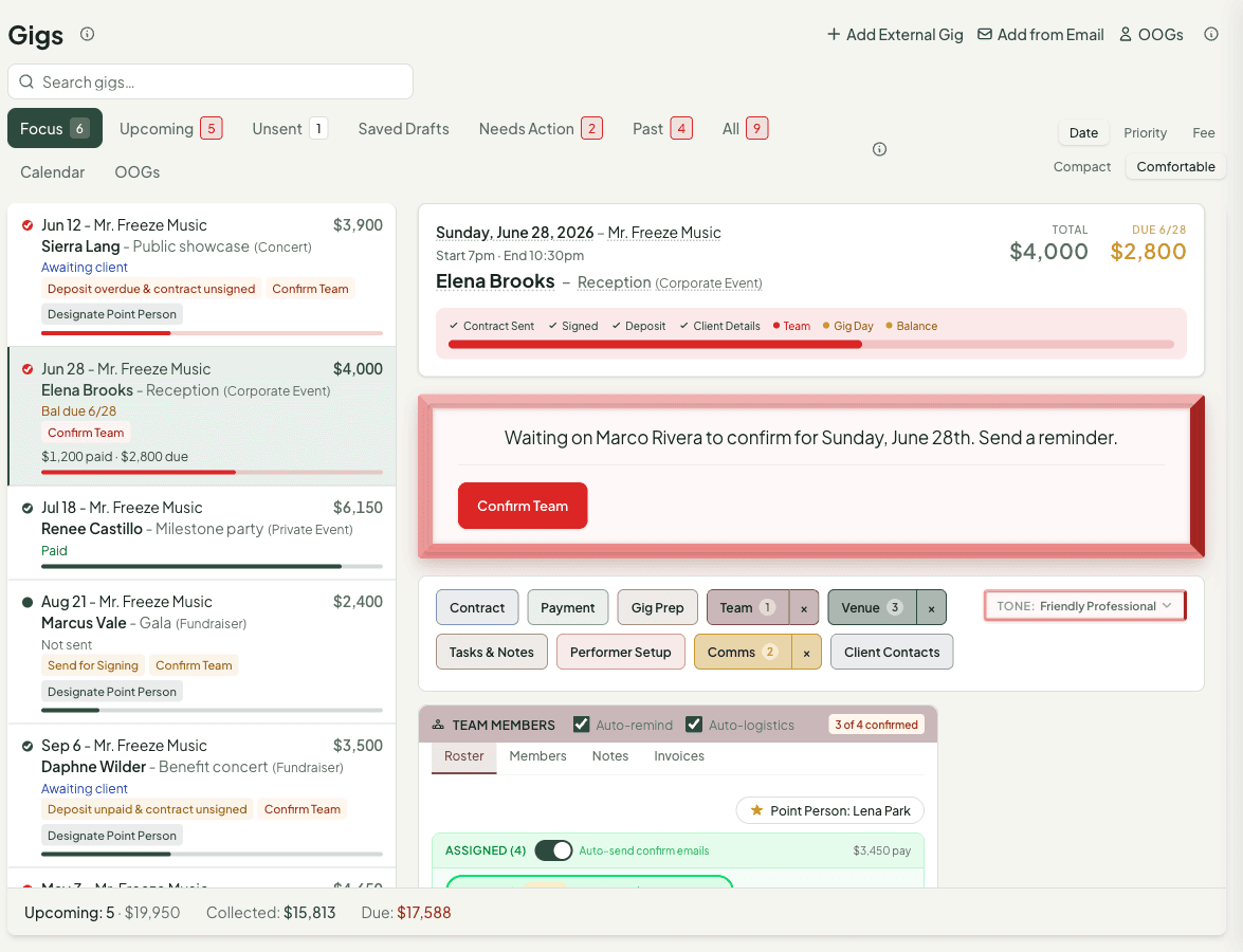 Gig detail view showing team confirmation status, comms log, and gig metadata