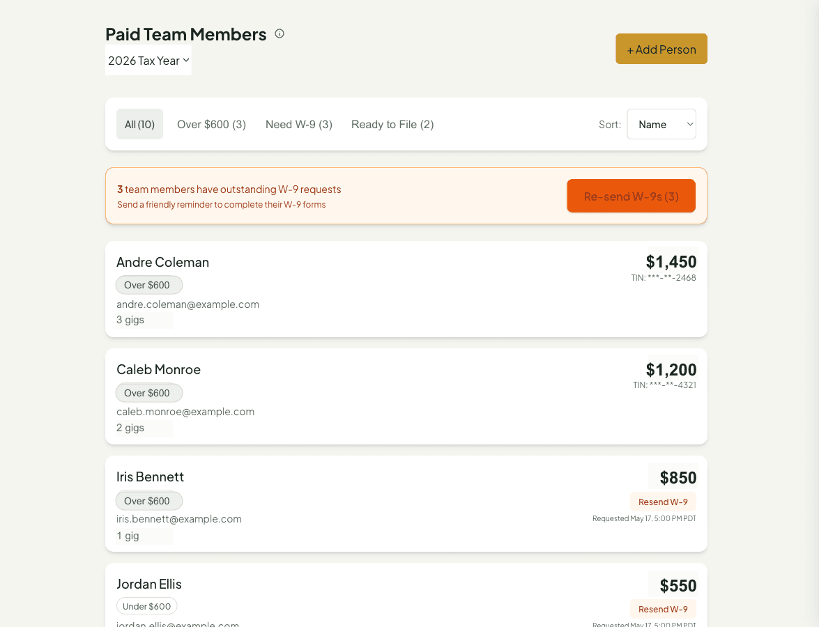 Paid Team Members view with outstanding W-9 requests and re-send action