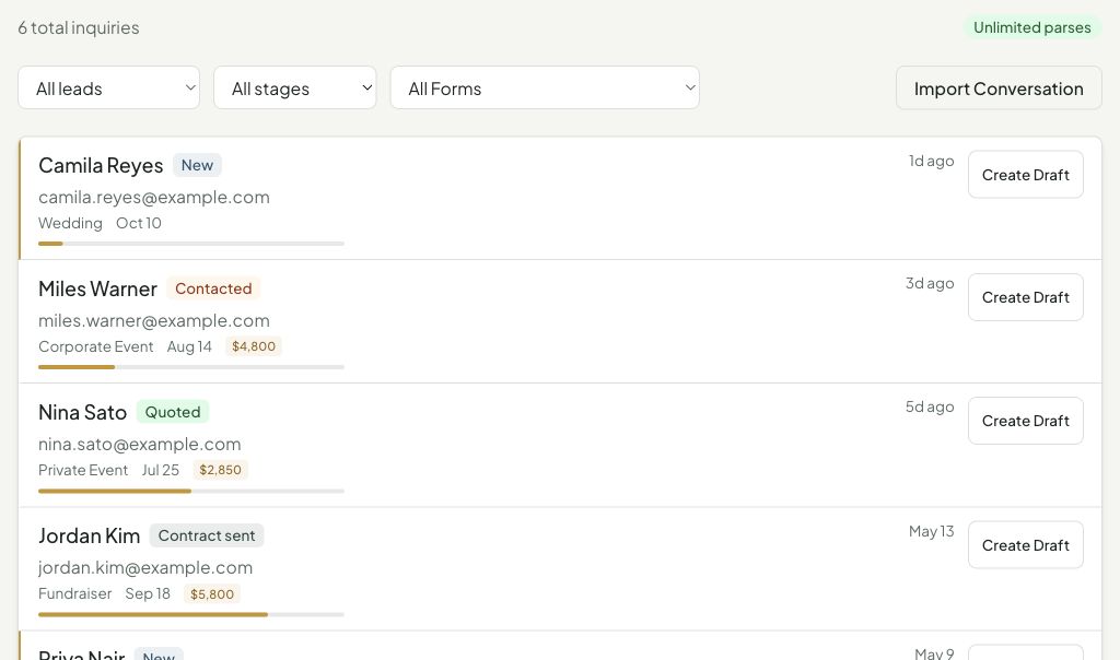 Leads inbox with lifecycle filters and lead list